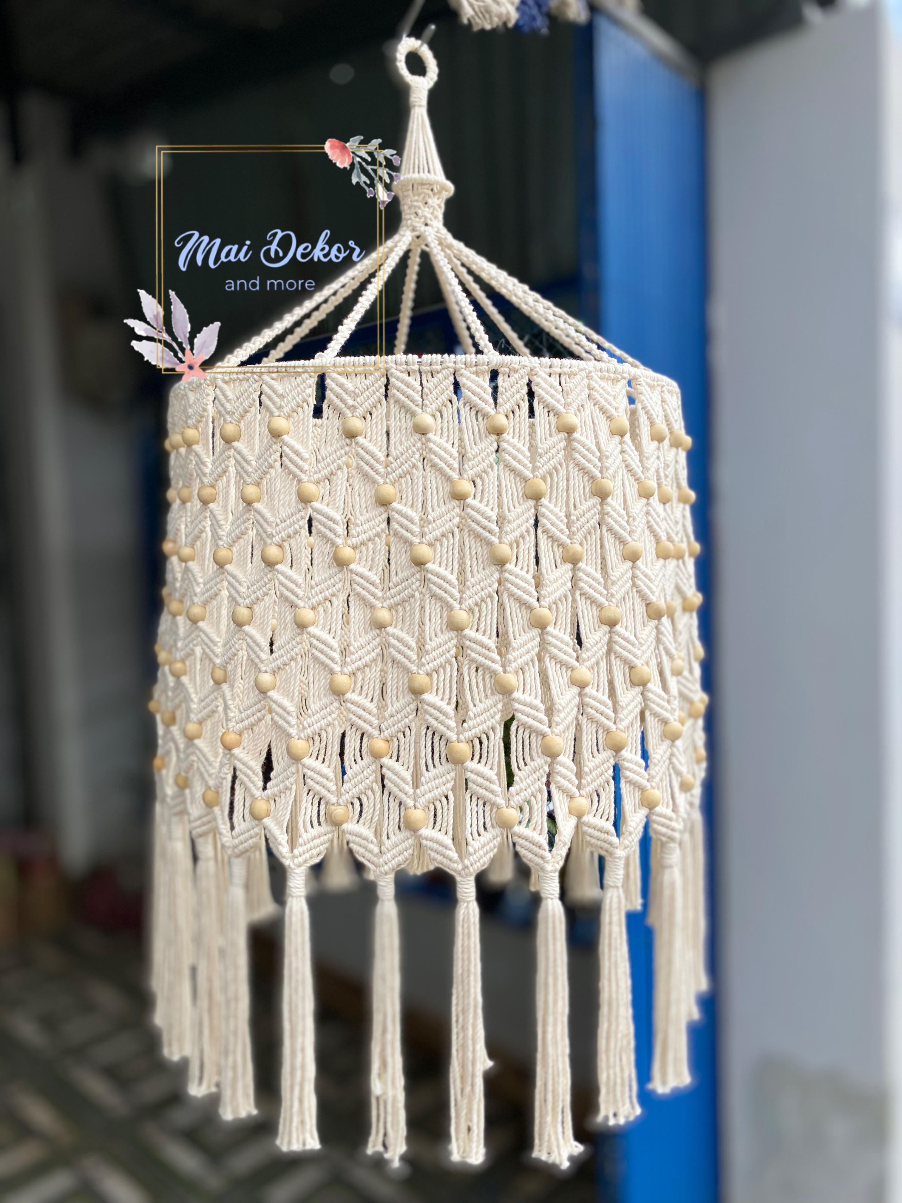 Chao đèn/ đèn thả Macramé đính hạt gỗ