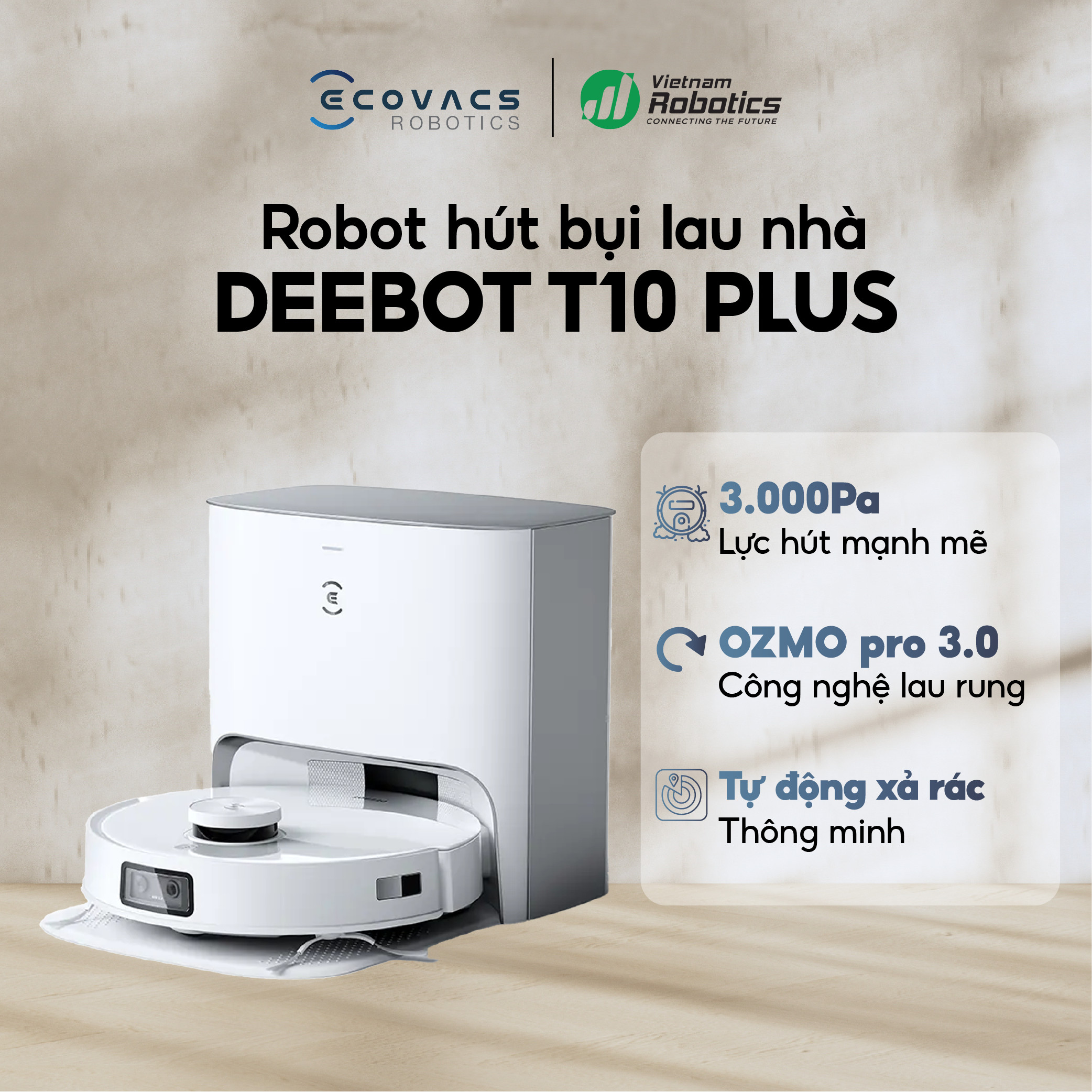 Robot Hút Bụi Ecovacs Deebot T10 Plus, Tự Động Đổ Rác, Thiết Lập Bản Đồ Thông Minh, Lực Hút Lớn Lên Tới 3000Pa - Hàng Chính Hãng