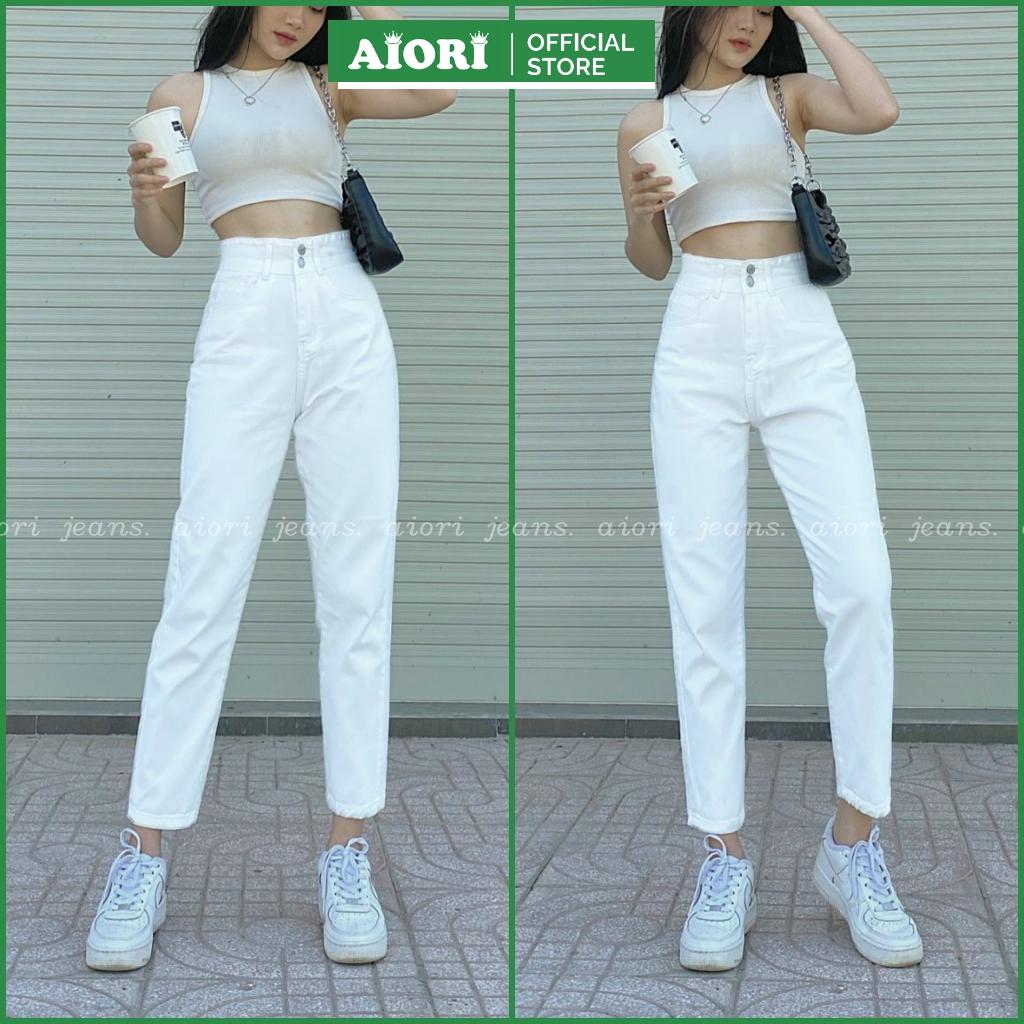 Quần Jean Nữ AIORI Lưng Cao 2 Nút Baggy Bò Trơn Màu Trắng Phong Cách Thời Trang_Mã B018 - S