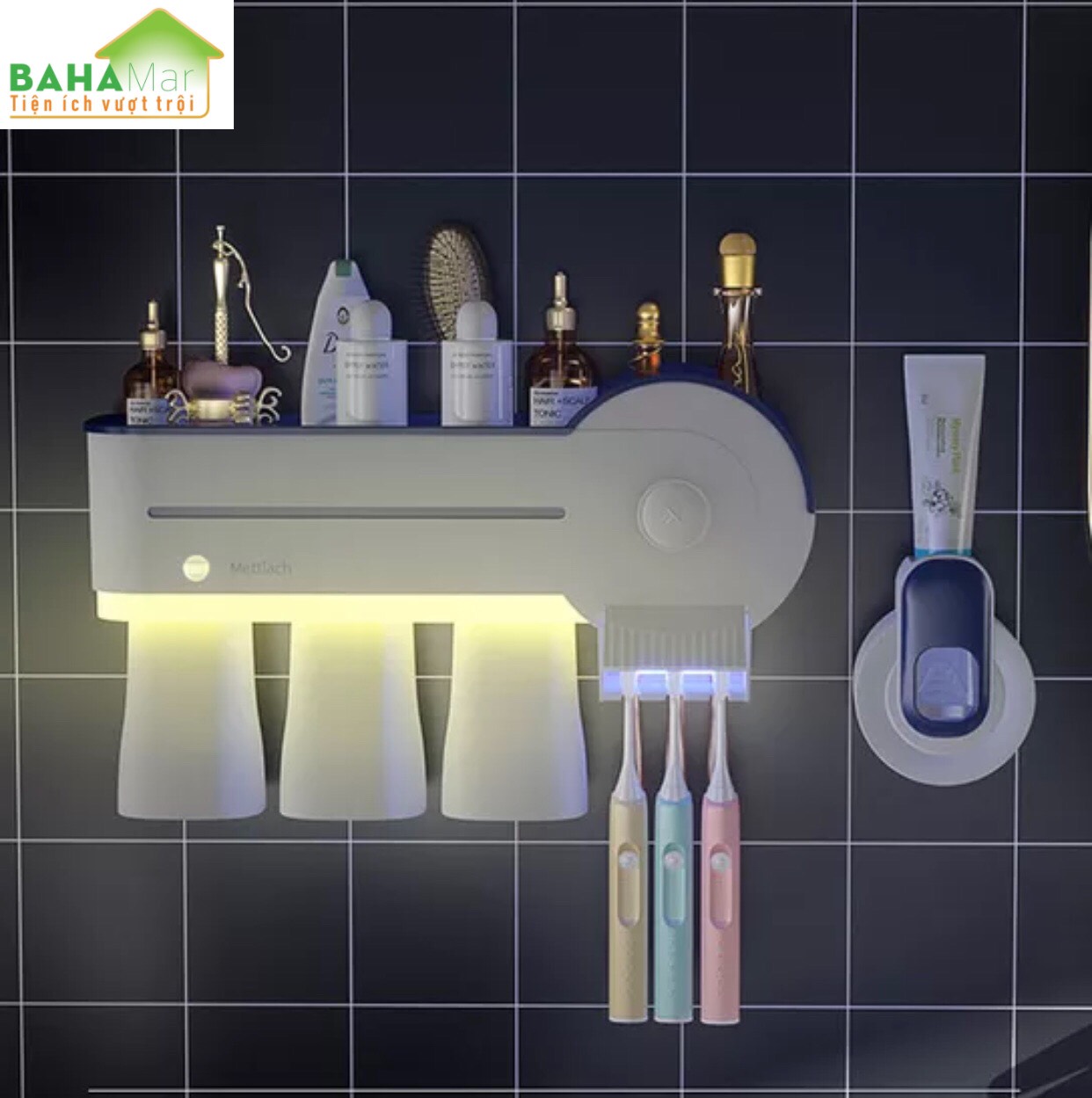 BỘ KỆ THÔNG MINH KHỬ TRÙNG BÀN CHẢI ĐÁNH RĂNG + GIÁ NẶN NHẢ KEM ĐÁNH RĂNG TỰ ĐỘNG "BAHAMAR" thuận tiện, gọn gàng và tiệt trùng tỷ lệ là 99.99% trong vòng 3 phút