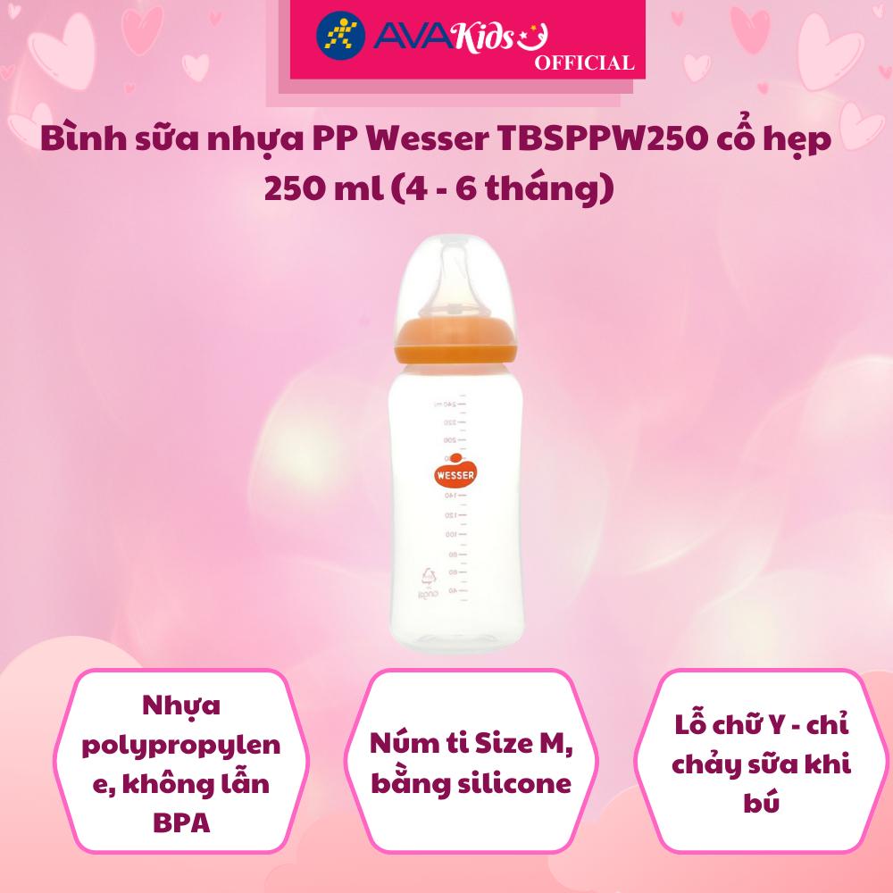Bình sữa nhựa PP Wesser TBSPPW250 cổ hẹp 250 ml (4 - 6 tháng) - Hàng Chính Hãng
