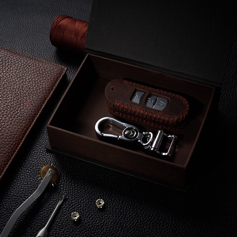 Bao Da Chìa Khóa dành cho Ô Tô Mazda 3 3 Nút Classic Dạng hộp Da Bò Sáp Màu nâu cafe