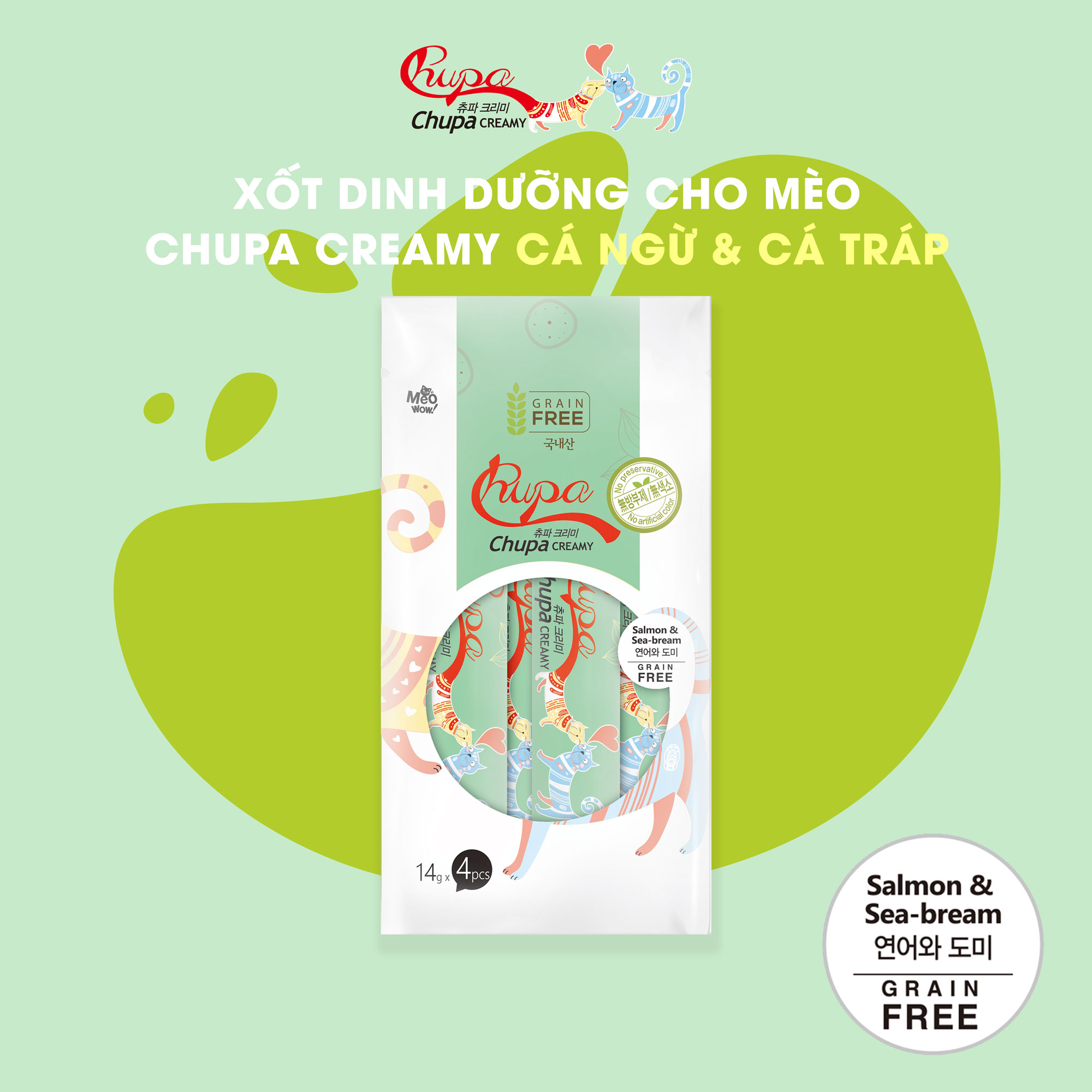 Xốt dinh dưỡng cho mèo Chupa Creamy Cá hồi và Cá tráp | 100% thịt thật | Grain Free | Tốt cho tim mạch và trí não