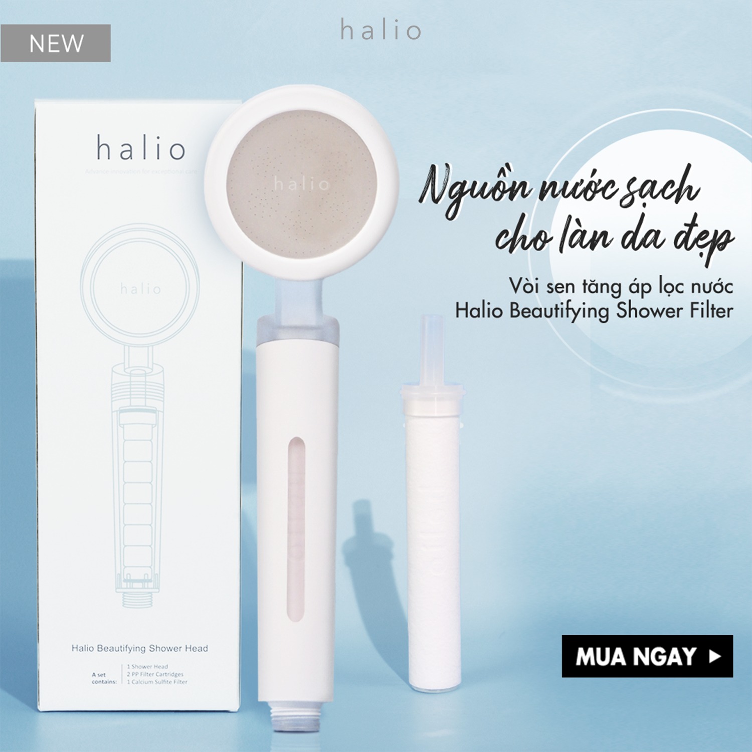Vòi Sen Lọc Nước Khử Clo Ngừa Mụn Lưng Tăng Áp Halio Beautifying Shower Head