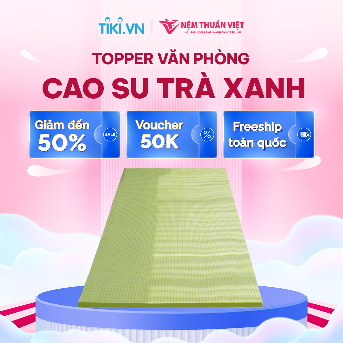 Topper Văn Phòng Thuần Việt - Topper Cao Su Trà Xanh, Tấm Trải Văn Phòng Tiện Nghi - Êm Ái, Kháng Khuẩn