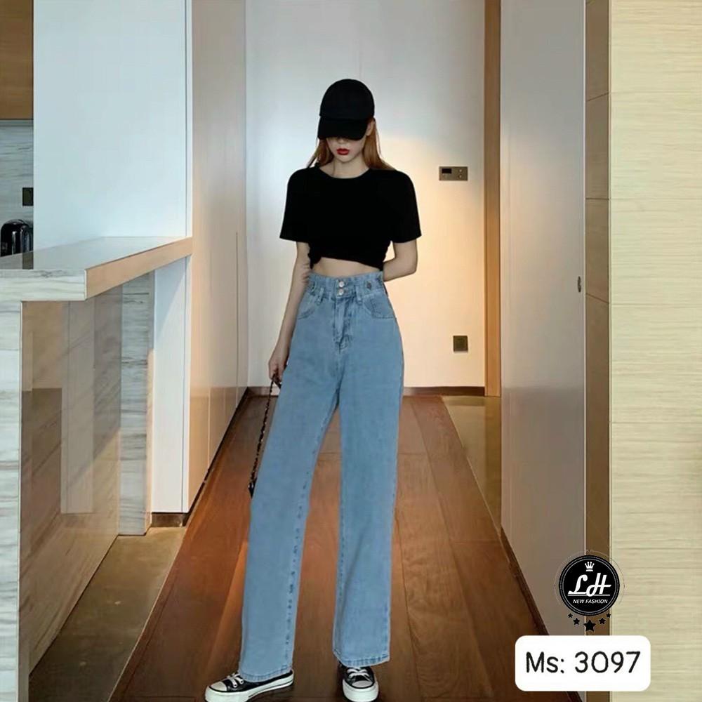 Quần jean ống rộng nữ Lê Huy Fashion cạp cao 2 nút màu xanh nhạt kiểu khuyên lưng MS 3097