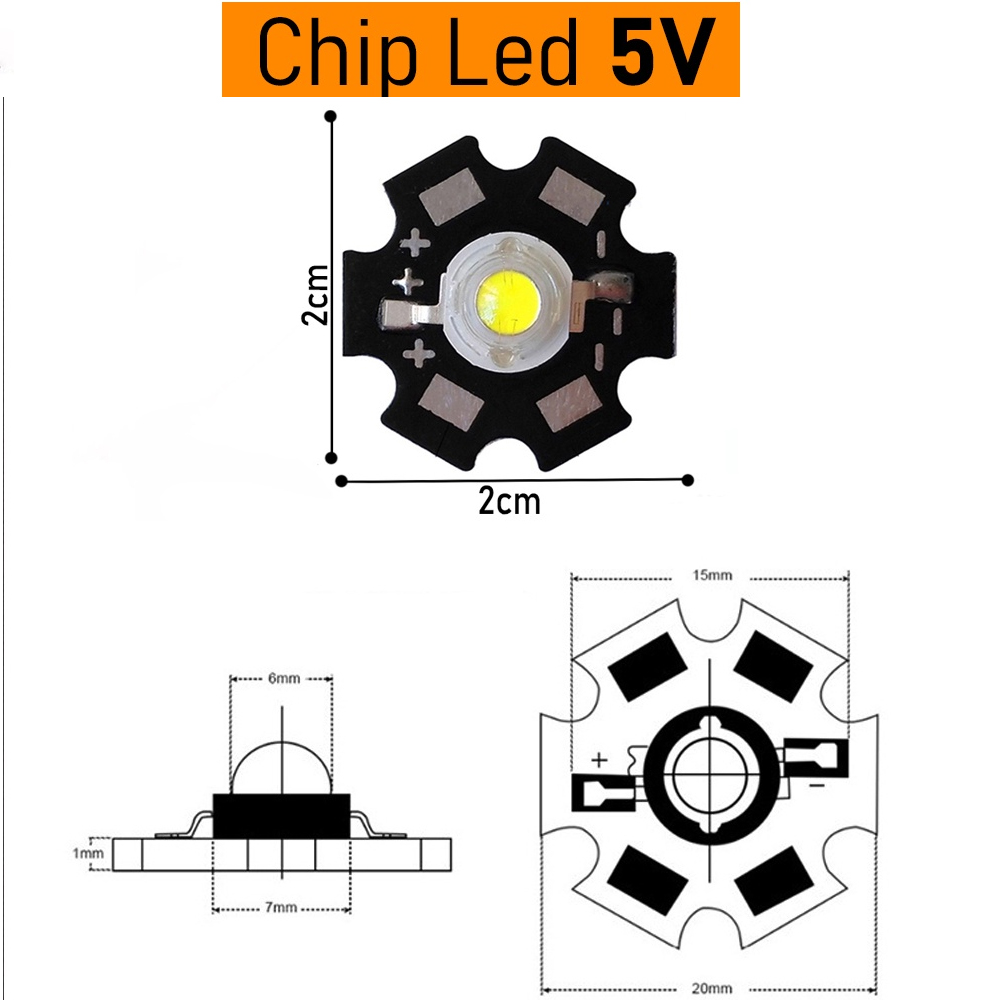 Chip LED 5V (1W, 3W, 5W) Đã hàn đế tản nhiệt 20mm