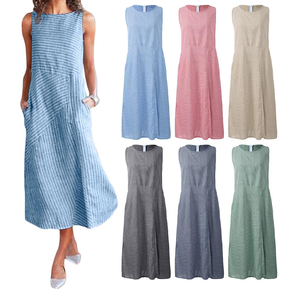 Women Plus Size Dress Linen Retro Print O Neck Sleeveless Side Pockets Summer Casual Maxi Party Beach Dress