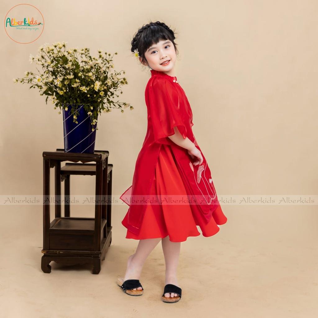 Áo dài thêu hoa sen phối chân váy ALBERKIDS ĐỎ cho mẹ và bé gái cho trẻ em 4,5,6,7,8,9,10,11,12,13,14,15 tuổi AD02