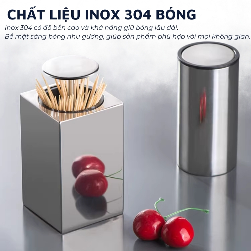 Lọ đựng tăm inox 304 DandiHome nắp bấm đóng mở hoàn toàn kín