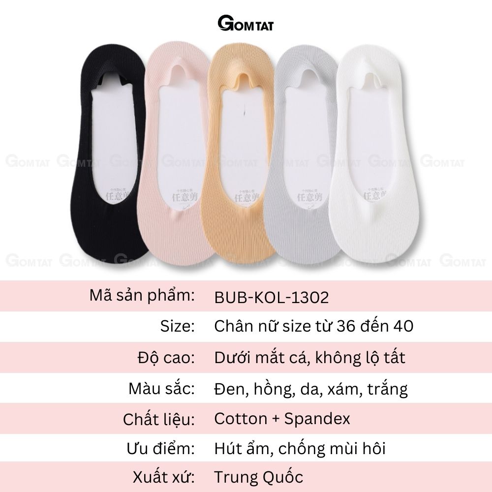 Tất nữ mùa hè chất liệu cotton mềm mại thoáng mát, vớ lười nữ chống tuột gót mẫu trơn sọc gân - BUB-KOL-1302-1DOI