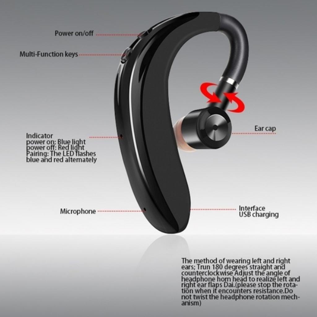 Bluetooth Waterproof -hook Headset Earphone Earbuds with Mic Black