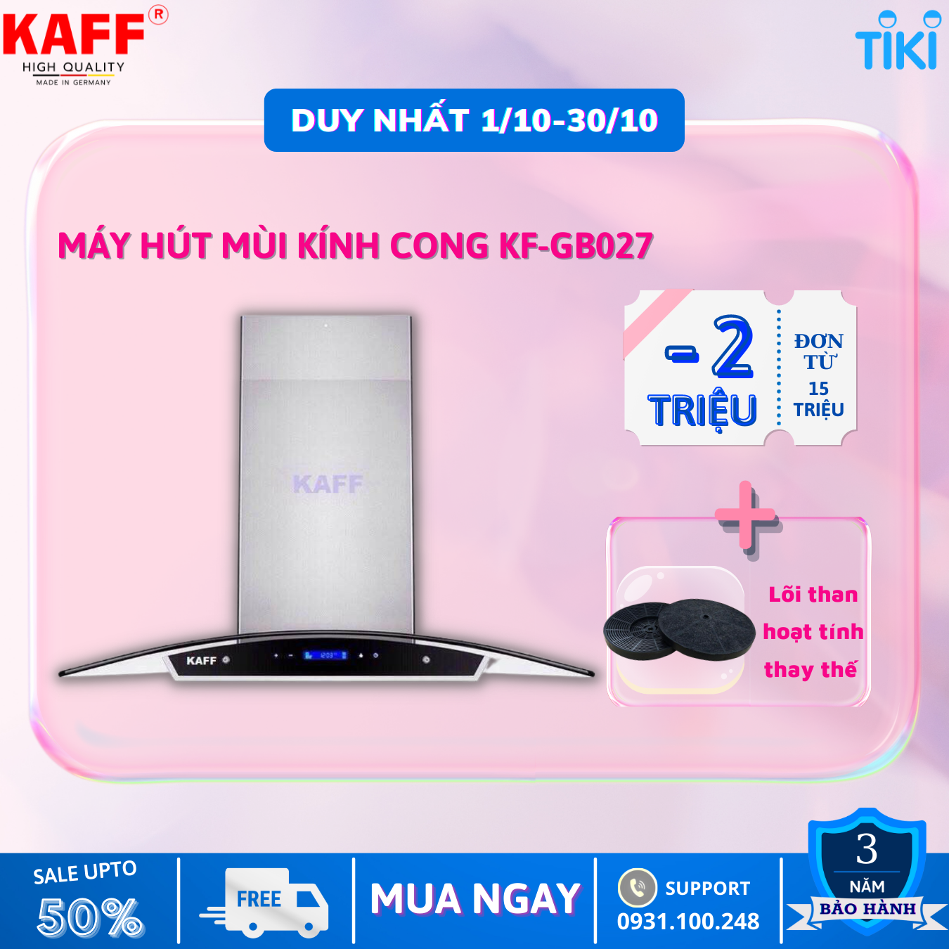 Máy hút mùi kính cong cảm ứng 700mm KAFF KF_GB027 Tặng bộ lọc than thay thế _ Hàng Chính Hãng