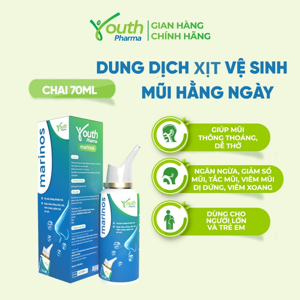 Dung Dịch Xịt Mũi Marinos Youth Pharma Vệ Sinh, Kháng Khuẩn Mũi Chai 70ml