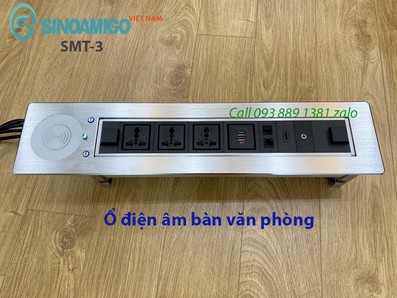 Hộp điện âm bàn họp, bàn văn phòng Sinoamigo SMT-3, xoay 180 độ, tích hợp sạc không dây