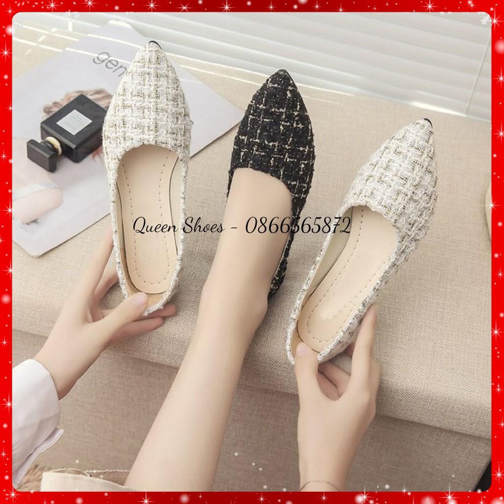 Giày búp bê nữ đế bêt mũi nhọn da mềm kẻ caro đế cực êm chân - Kèm hình thật