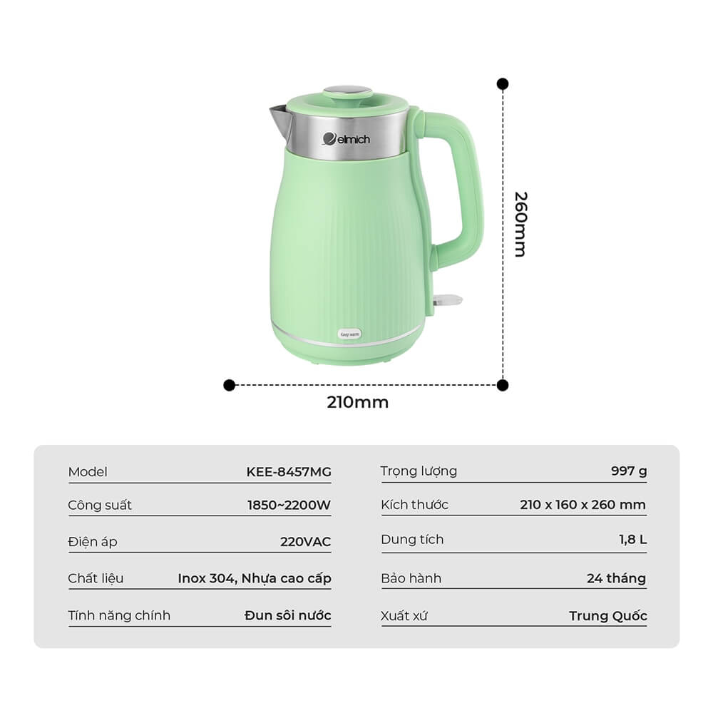 Ấm Đun Siêu Tốc Elmich KEE-8457 1.8L, Hàng Chính Hãng, Sôi Nhanh 45s, Công Nghệ Strix - JoyMall