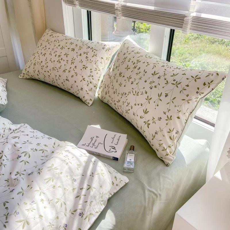 Bộ Chăn Ga Gối Cotton Living Hàng Nhập Khẩu Cao Cấp 4 Món Lá Xanh