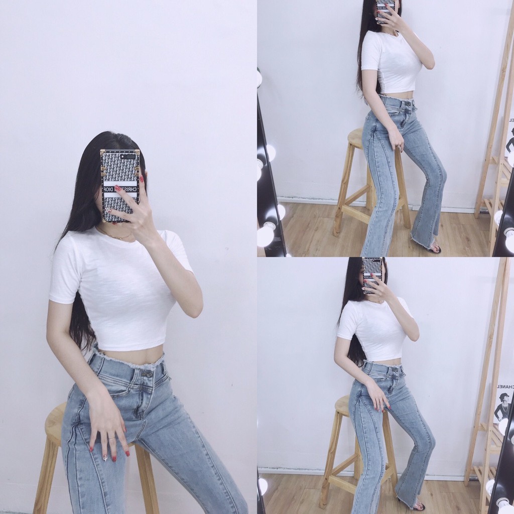 Áo Croptop Ôm Cổ Tròn Tay Ngắn Nhiều Màu