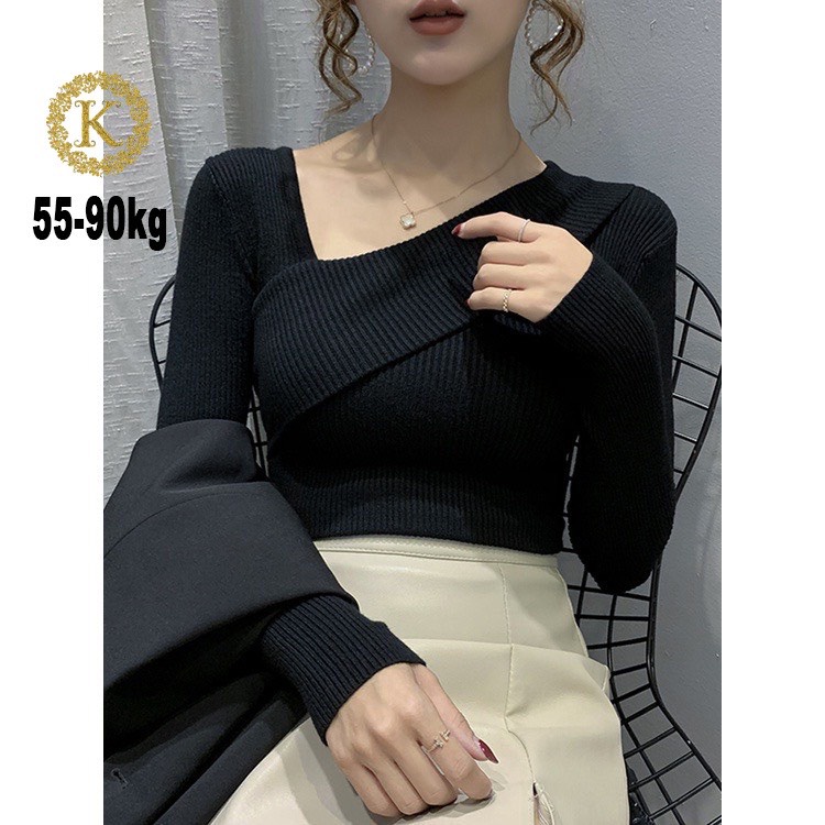 Áo croptop bigsize, áo croptop tay dài cổ chéo 55-90kg AT25