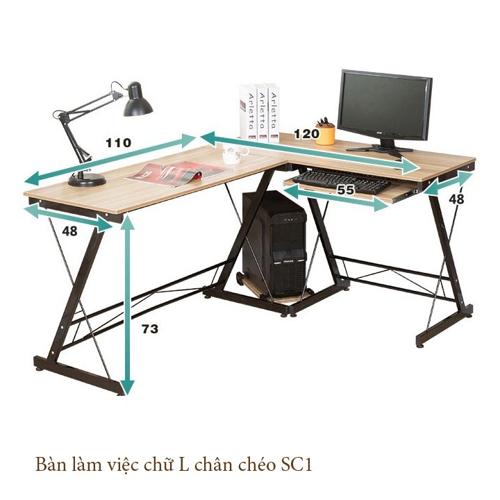 Bàn chữ L gaming dành cho game thủ, ngồi làm việc học tập loại chân chéo SC sắt chắc chắn Màu Đen và Gỗ