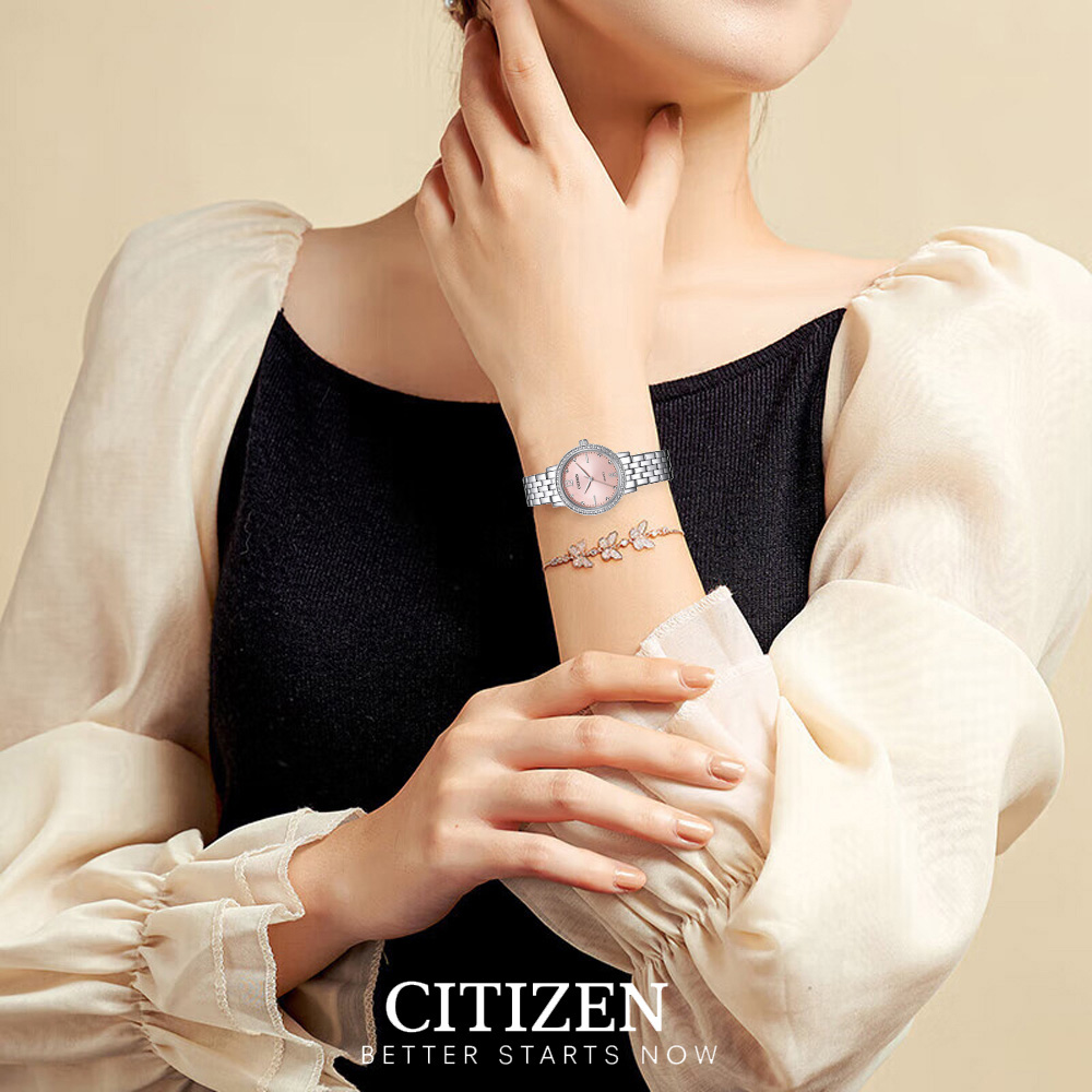 Đồng Hồ Nữ Citizen Pin-Quartz Đính Đá Swarovski Dây Thép Không Gỉ EL3100-55W - Mặt Hồng (31mm)