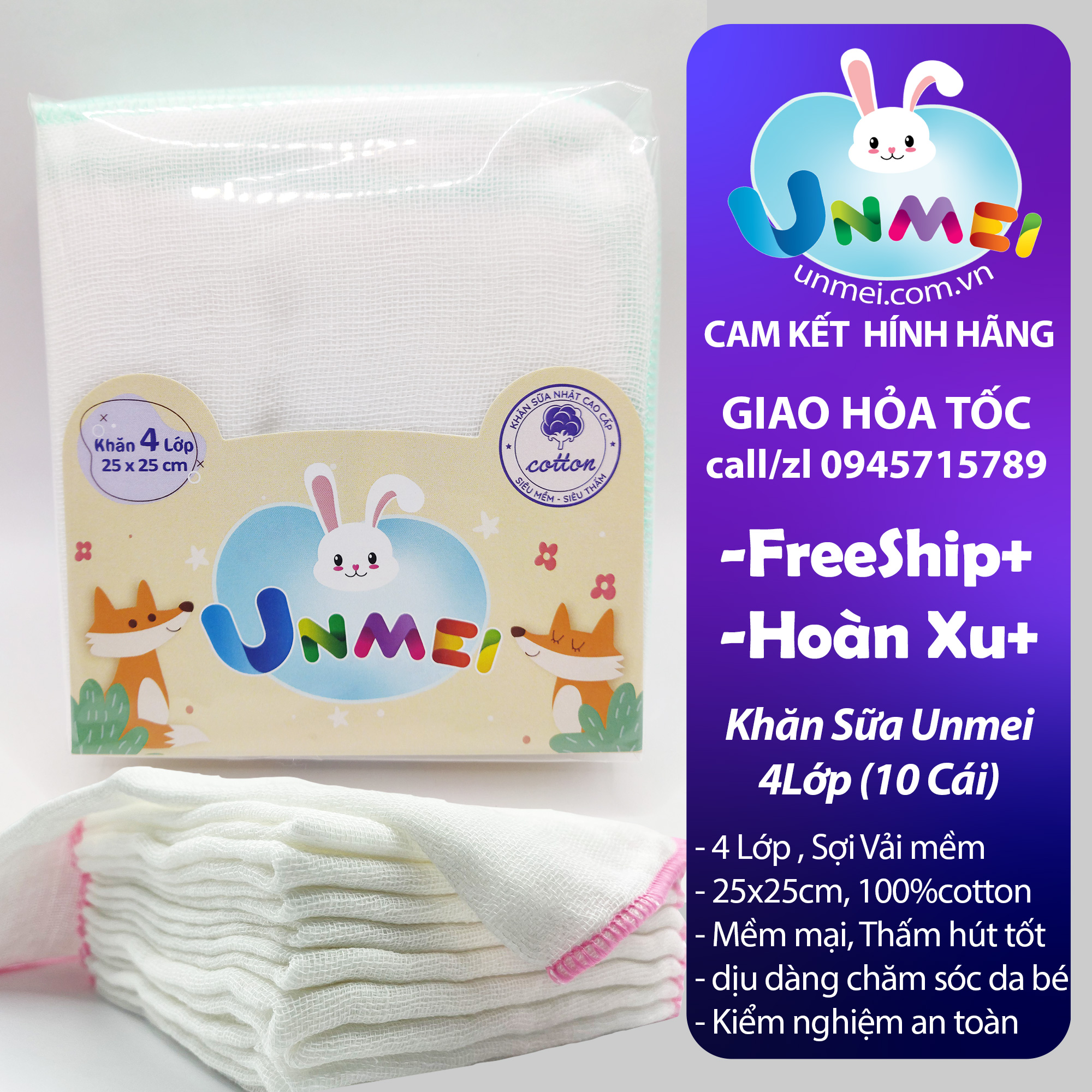 Khăn Sữa 4 Lớp Unmei Xuất Nhật Bịch 10 Cái 25X25Cm 100 Cotton Mềm Mại Thấm Hút Tốt - 4 Lớp 25X25Cm