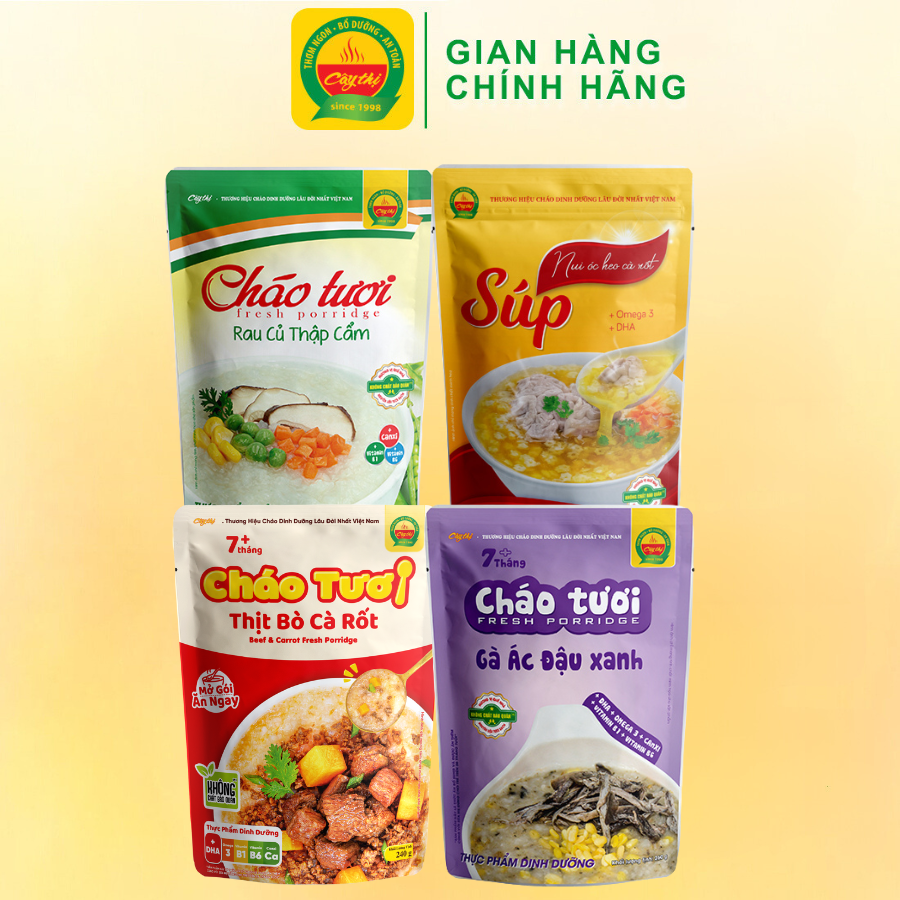 Combo Mix 3 cháo tươi + 1 Súp dinh dưỡng Nui óc heo