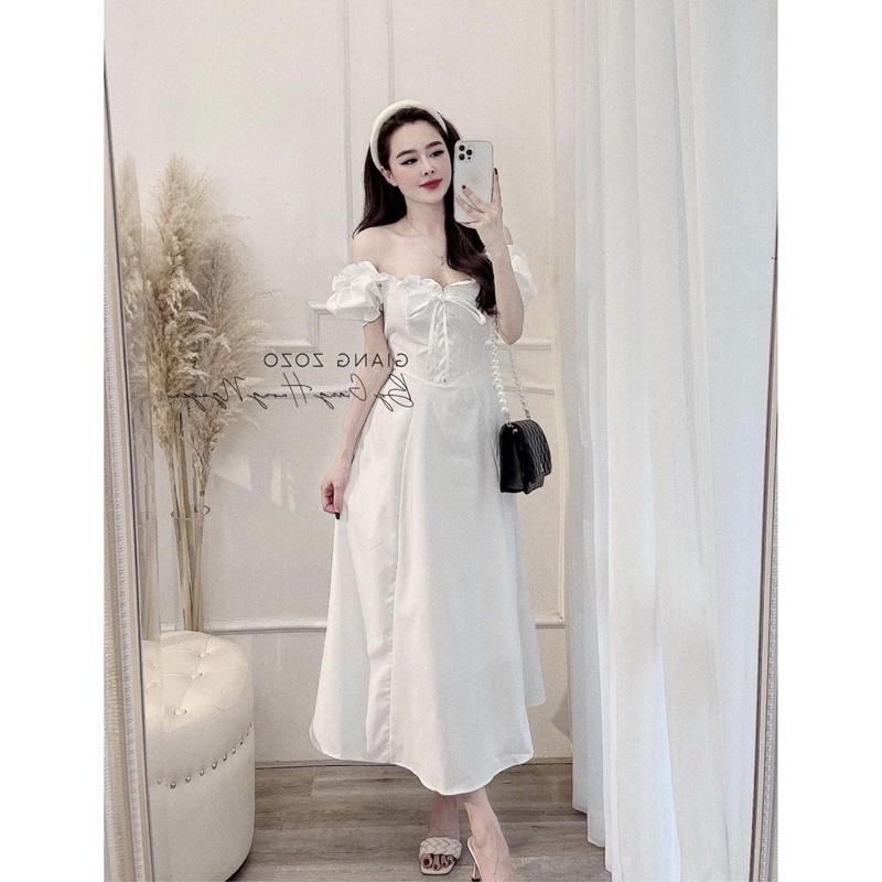 SIÊU PHẨM VÁY TRẮNG TRỄ VAI CỔ BÈO ĐAN DÂY NGỰC HAI LỚP SIÊU XINH XẮN TIỂU THƯ