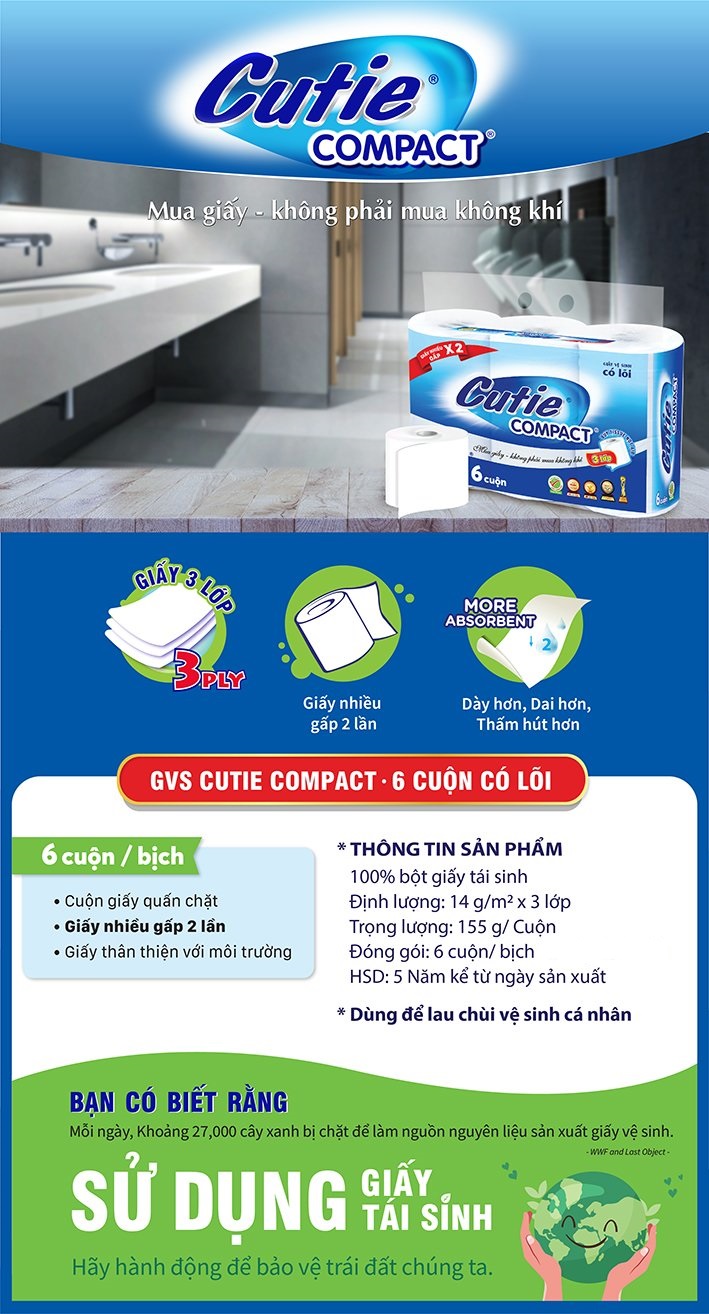 Giấy Vệ Sinh Cutie Compact có lõi 6 cuộn