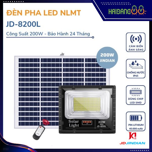 Đèn pha led năng lượng mặt trời 200w chính hãng JINDIAN JD-8200L Chip Led SMD ,Khung Nhôm
