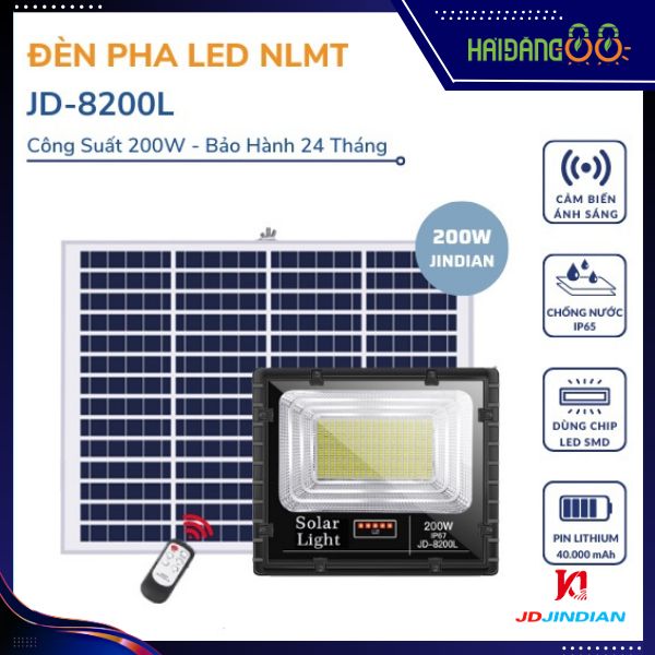 Đèn pha led năng lượng mặt trời 200w chính hãng JINDIAN JD-8200L Chip Led SMD ,Khung  Nhôm