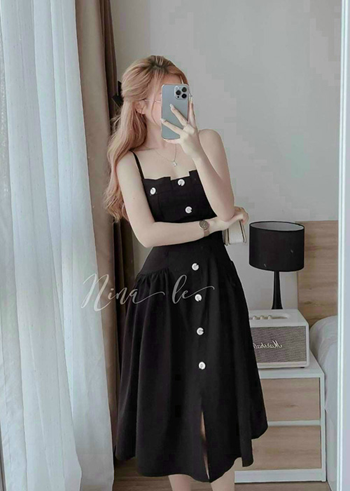 Đầm Xòe 2 Dây Vải Đủi Nhăn Cài Nút Dọc Thời Trang