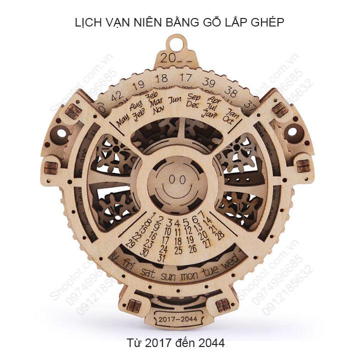 Đồ chơi lịch vạn niên lắp ghép từ các chi tiết gỗ cắt CNC, thể hiện lịch từ năm 2017 đến 2044