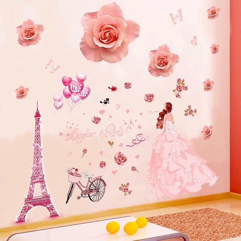 Decal dán tường, tranh dán tường cô dâu và hoa hồng