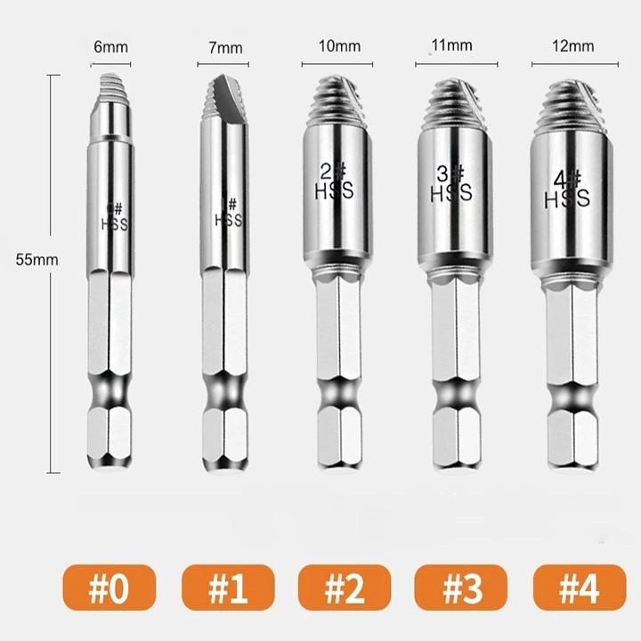 Bộ 5 dụng cụ tháo ốc vít, bu lông gãy bằng thép có hộp nhỏ gọn.