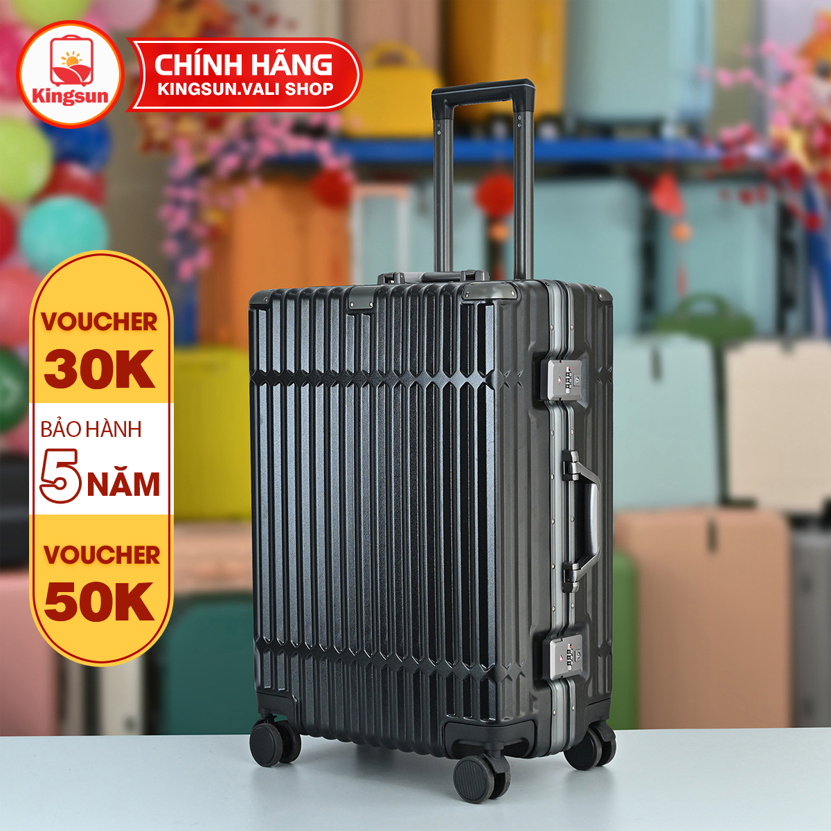 Vali Khung Nhôm Khóa Sập Size 2024, Bịt 4 Góc Kim Loại Ks - 051 - Đen - 20Inch