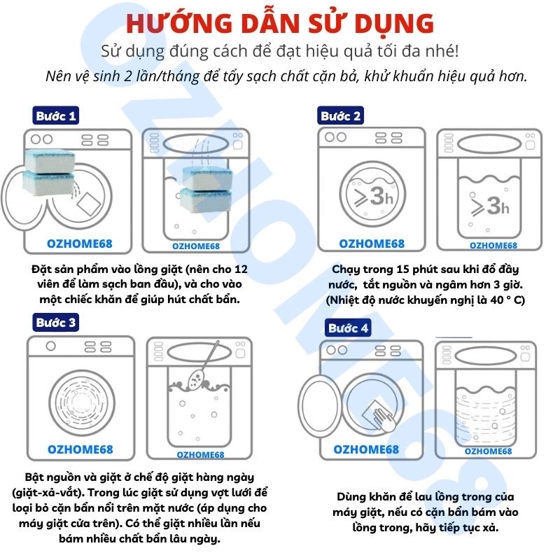 Hộp 12 viên tẩy  sạch lồng máy giặt ,khử mùi ,  , khử nấm mốc giúp làm sạch quần áo , tăng tuổi thọ máy giặt phù hợp cho máy giặt lồng đứng  và  lồng ngang