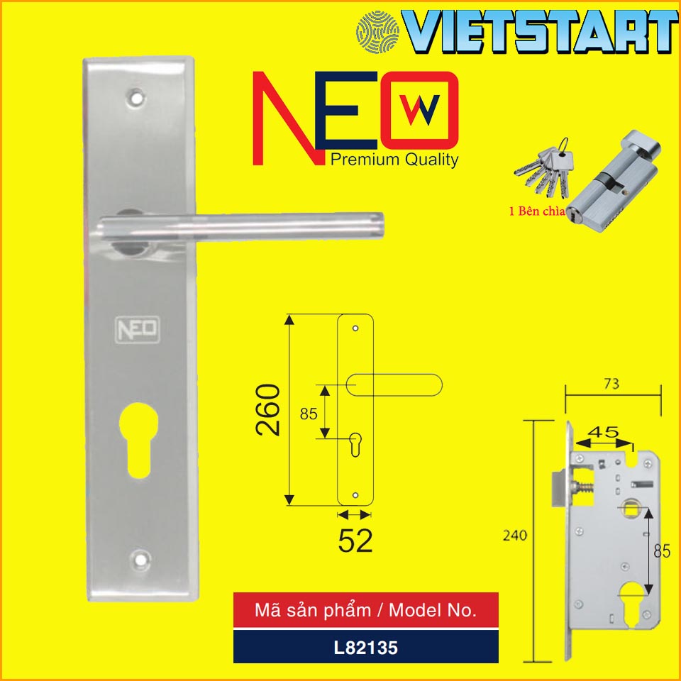 Khóa tay gạt dài 260mm NEWNEO- Hợp kim nặng - Ruột khóa 1 bên chìa, 2 bên chìa - Ban công