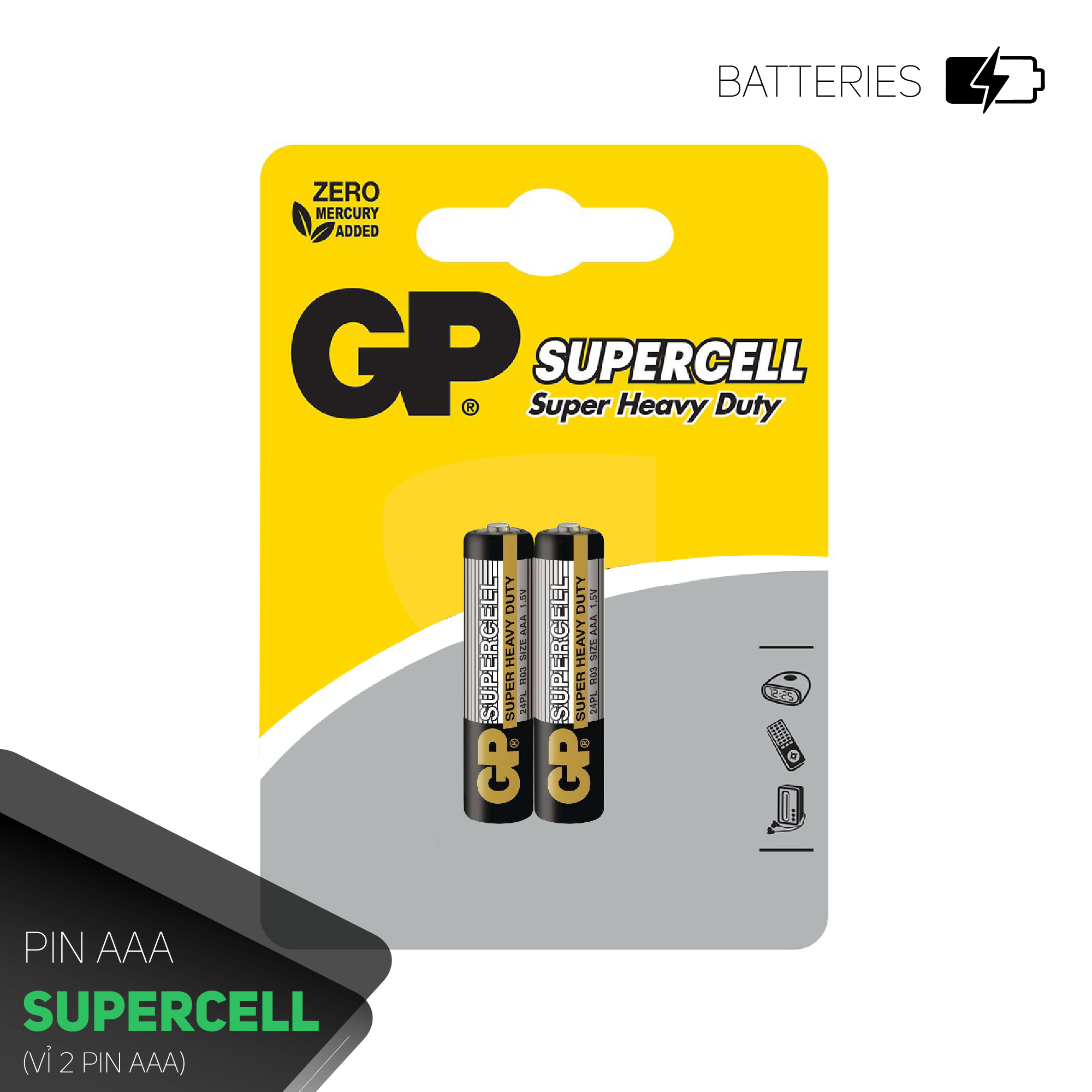 Pin đũa GP Supercell AAA 1.5V (2 viên),Pin AAA GP,Pin chuột máy tính,Pin điều hoà,Pin điều khiển quạt,Pin điều khiển tivi,Pin sử dụng cho các thiết bị nhỏ,Pin đồng hồ treo tường,Pin đồ chơi điện tử trẻ em