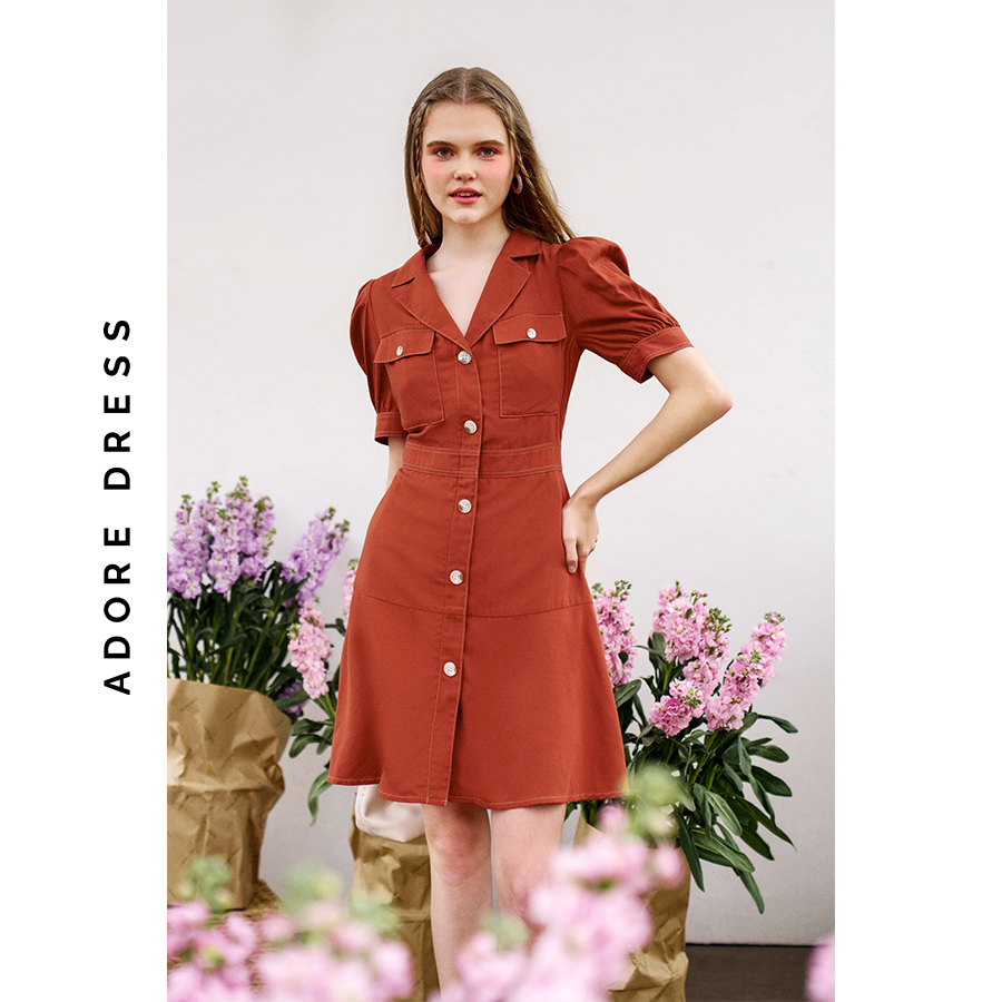 Đầm mini dress thô mềm cam cháy hàng khuy sừng 311DR1206 ADORE DRESS