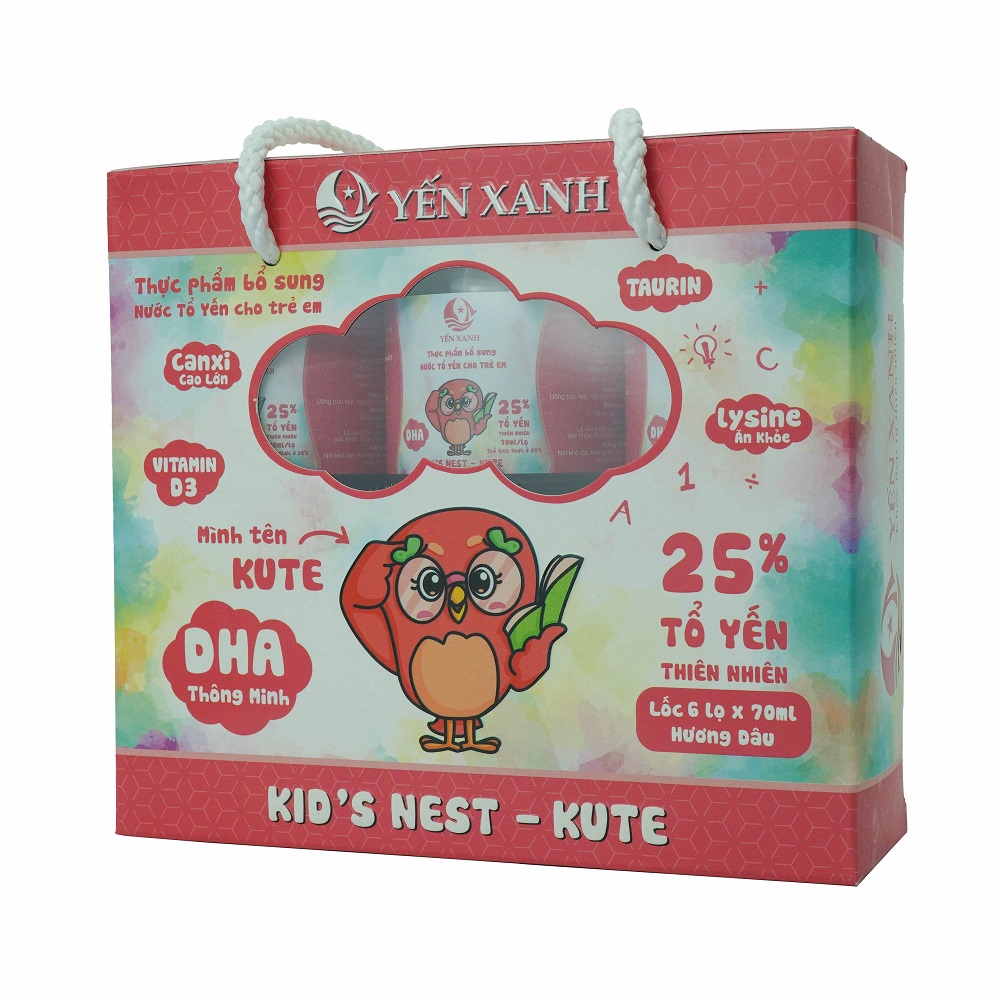 25% tổ yến - Thực phẩm bổ sung: Nước tổ yến chưng dành cho trẻ em Kid's nest - Kute hương dâu - YẾN XANH - Lốc 6 lọ x 70ml