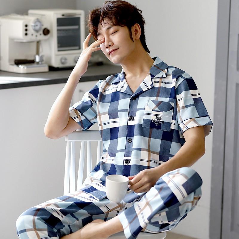 Đồ bộ Pijama cộc tay họa tiết sọc Caro style Hàn Quốc-Đồ bộ nam vải COTTON 100% dày dặn & thông thoáng