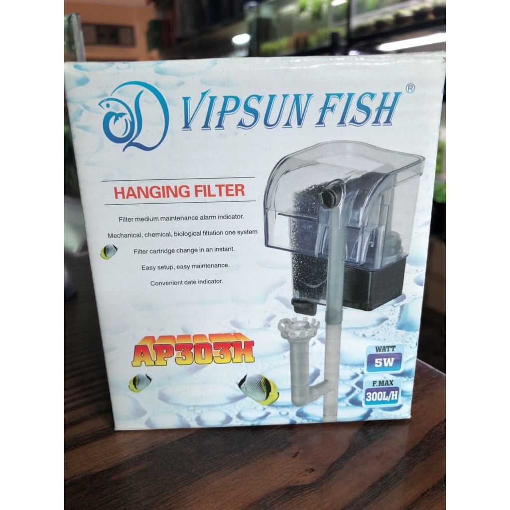 Máy lọc nước bể cá Vipsun Fish AP 303H - 5W 300l/h- Lọc thác, có lọc váng, hoạt động êm ái, Dùng cho hồ 40cm trở xuống.