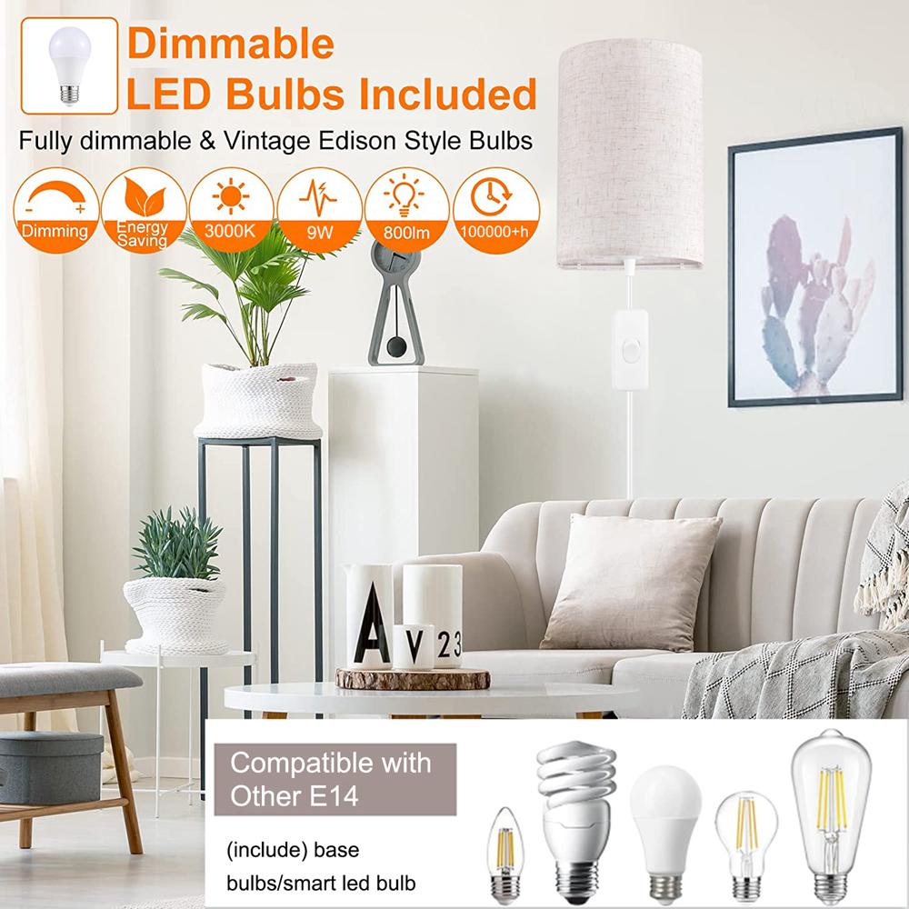Plug in Wall Sconce 3 Color Temperature Wall Light Wall Lamp with Plug in Cord Dimmable Switch Bulb for Living Room