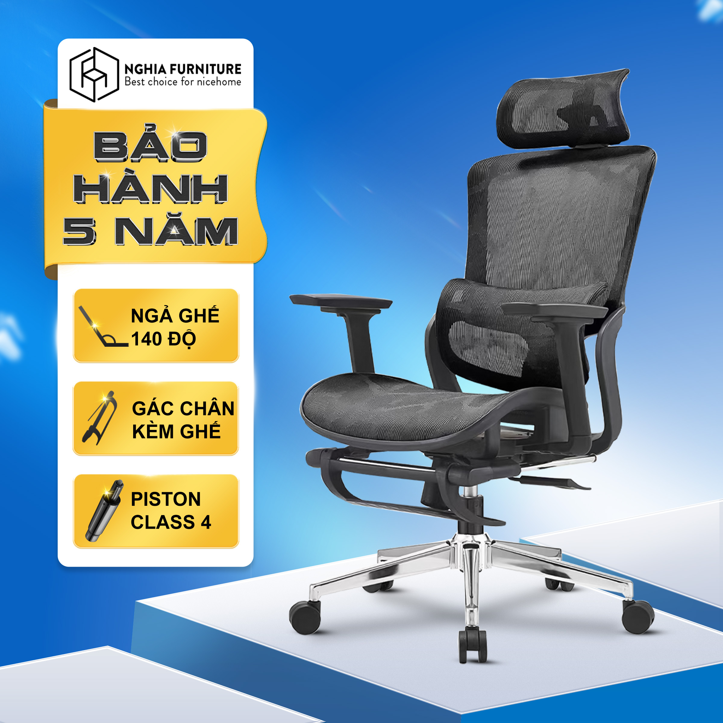 Ghế công thái học Nghiafurniture Mirai - Tối ưu về giá, tối đa tính năng, ngả lưng 140 độ, có gác chân, piston class4