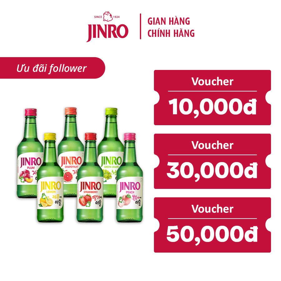 CHÍNH HÃNG Soju Hàn Quốc JINRO Combo 06 chai – Tự chọn vị – 360ml Nhập khẩu từ Hàn Quốc – Đào x6 – Hồng
