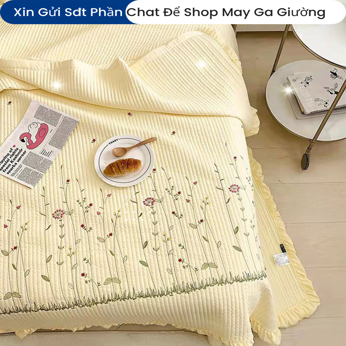 Bộ Chăn Ga Gối Đệm Cotton Solid Vitage Drap Giường Cao Cấp Bộ Ga Phủ Chăn Chần Bông