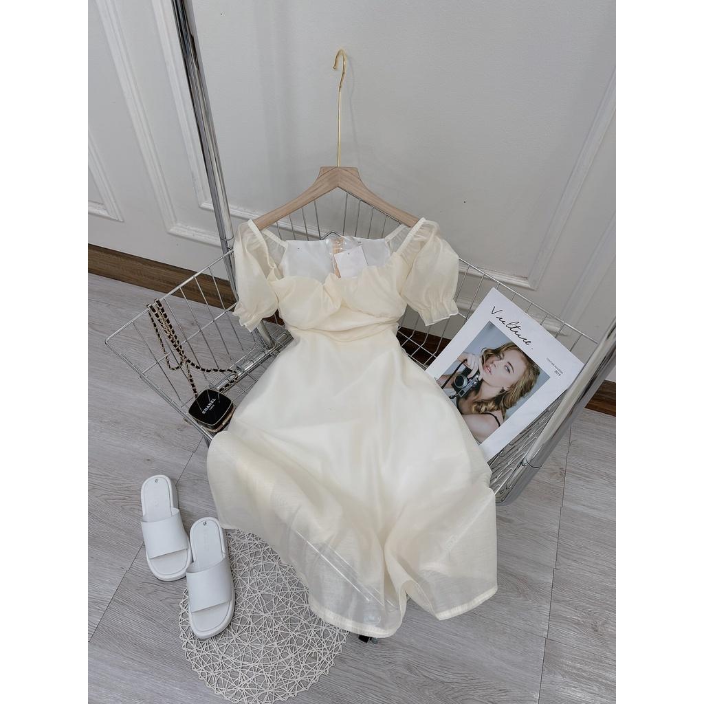 Váy babydoll tiểu thư voan tơ cổ vuông nơ lung, đầm trễ vai công chúa phong cách ulzzang hàn quốc