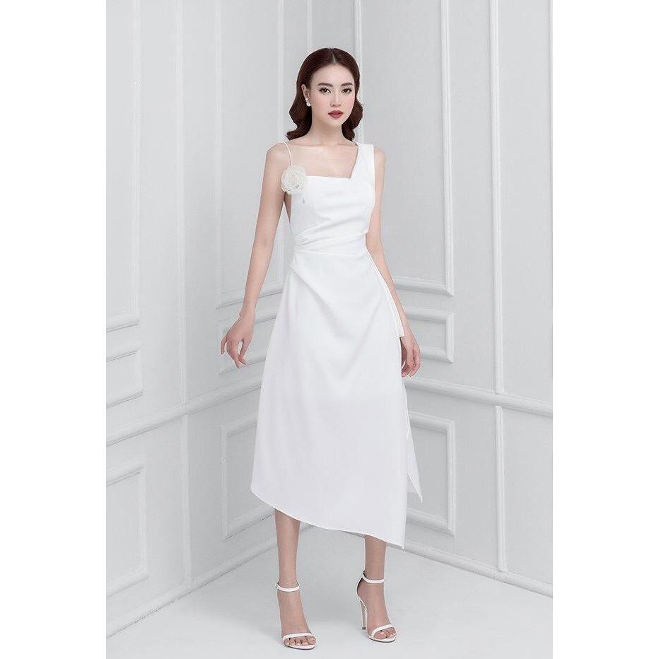 Đầm dự tiệc dây mảnh cài hoa xinh xắn RE